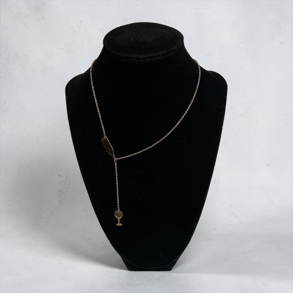 Wine Bottle & Glass Lariat Necklace Womens Gold Tone Novelty‎ Fun